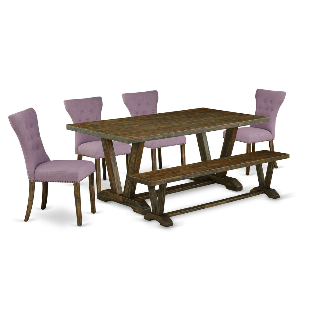 V777GAEC7-8 6-Piece Dining Set Includes Rectangular Table with V-Legs, 4 Parson Chairs, and Bench, 40x72 Multi-Color
