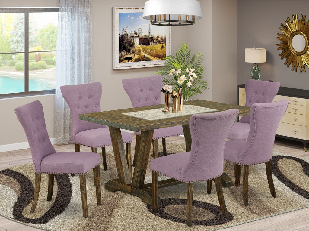 V777GAF7I-P Multi-Hued 7-Piece Dining Ensemble with Luxe Linen Seats and Modern V-Leg Table