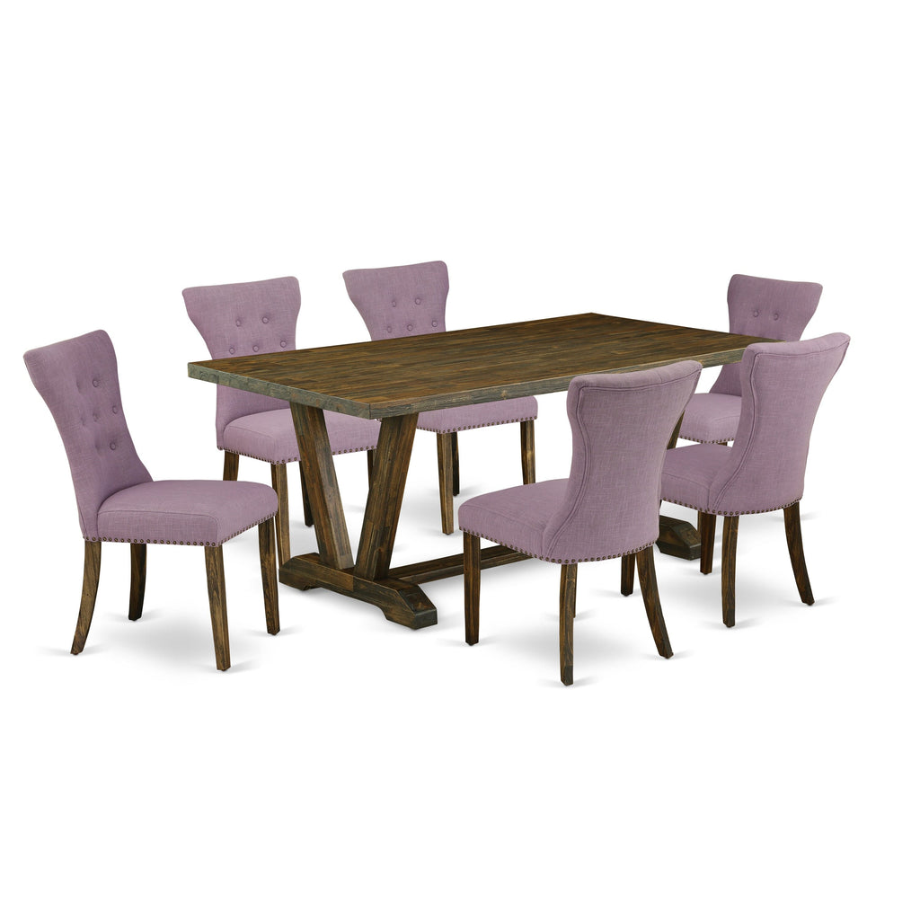V777GAF7I-P Multi-Hued 7-Piece Dining Ensemble with Luxe Linen Seats and Modern V-Leg Table