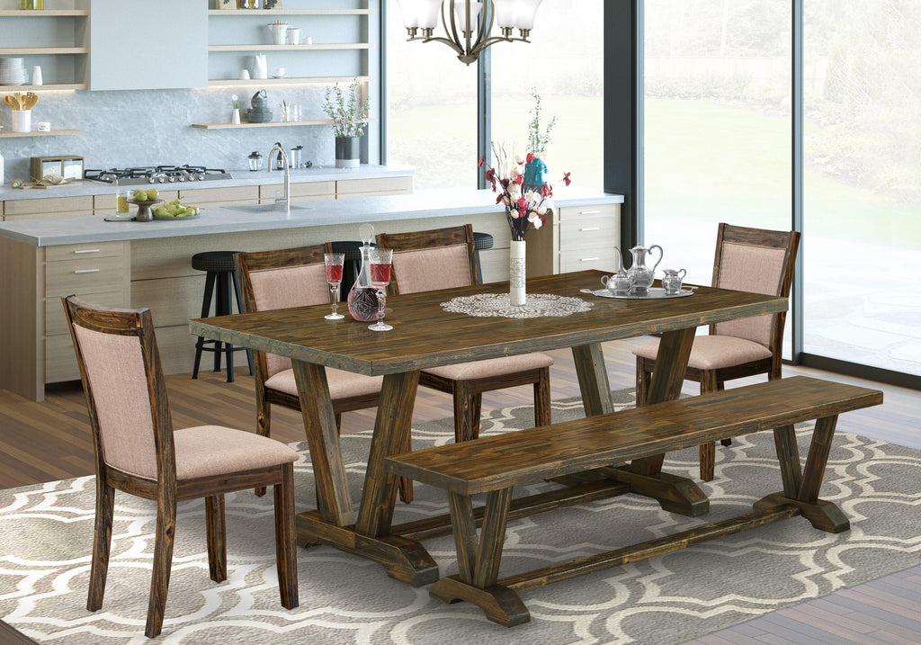 V777M2QZ4-U Rectangle Table Set 6-Piece Dining Ensemble with Khaki Chairs and Bench