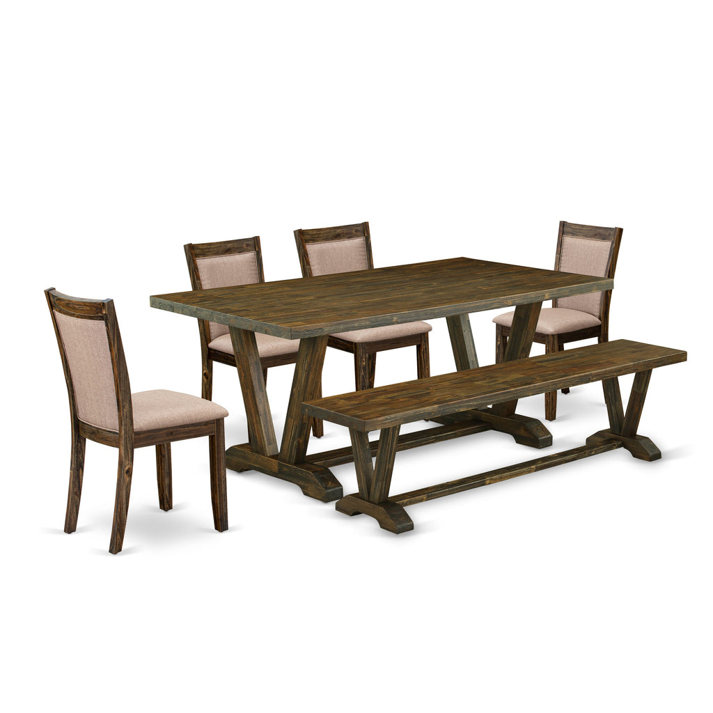 V777M2QZ4-U Rectangle Table Set 6-Piece Dining Ensemble with Khaki Chairs and Bench