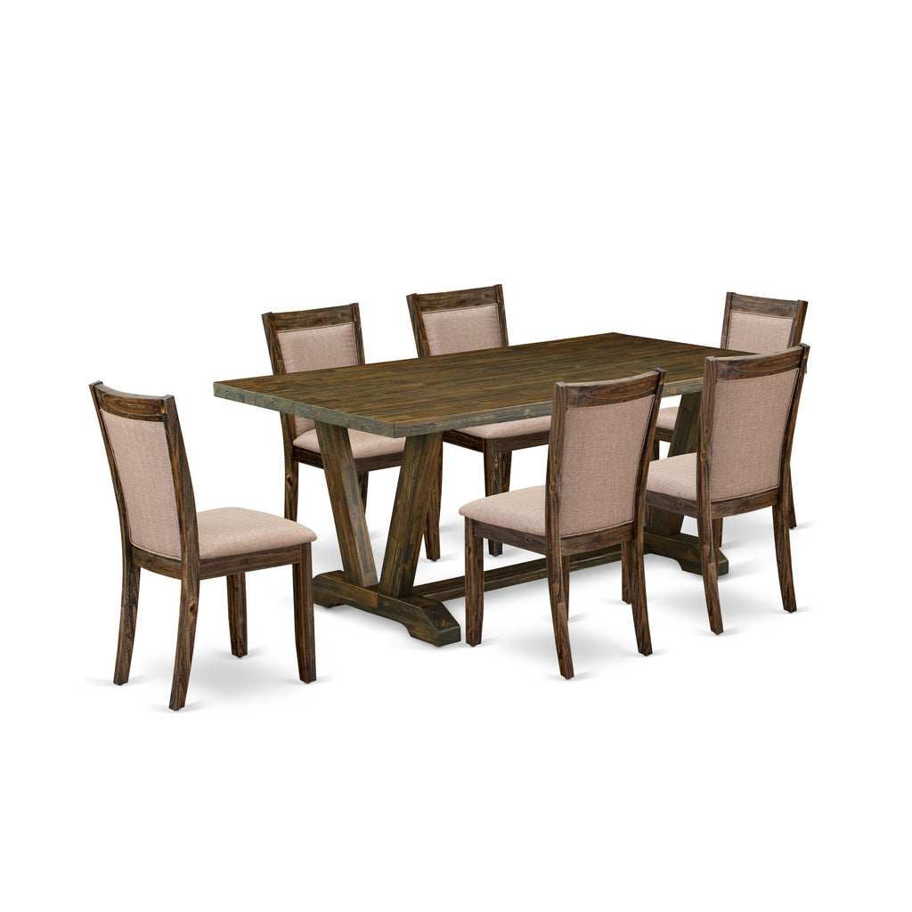 V777MOYX2-E Dining Set with Stylish V-Shape Table and 6 Elegant Dark Khaki Upholstered Chairs - 72 Multi-Color Ensemble