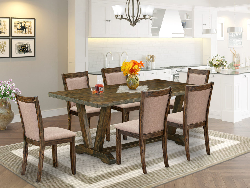 V777MOYX2-E Dining Set with Stylish V-Shape Table and 6 Elegant Dark Khaki Upholstered Chairs - 72 Multi-Color Ensemble