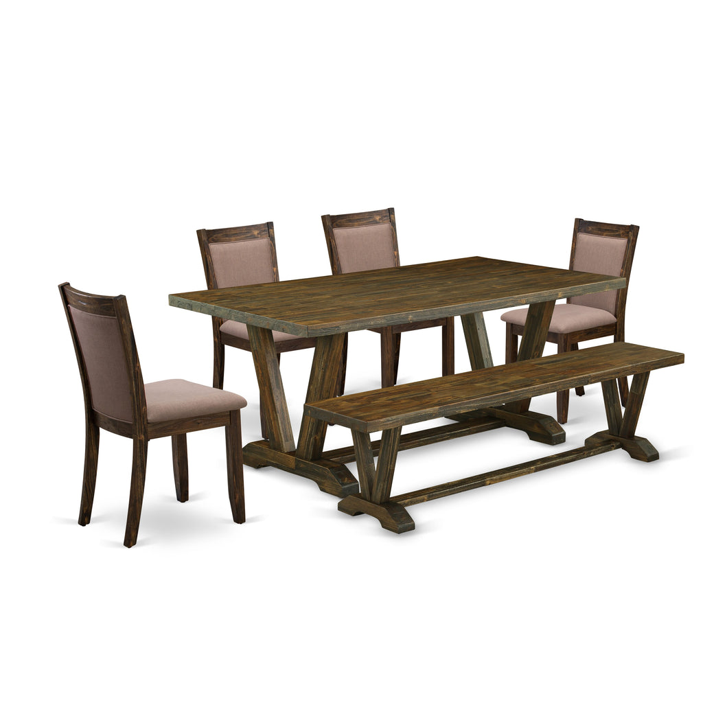 V777MFIS9-J 6-Piece Dining Set with V-Leg Table and 4 Linen Chairs plus Bench, Multi Hues