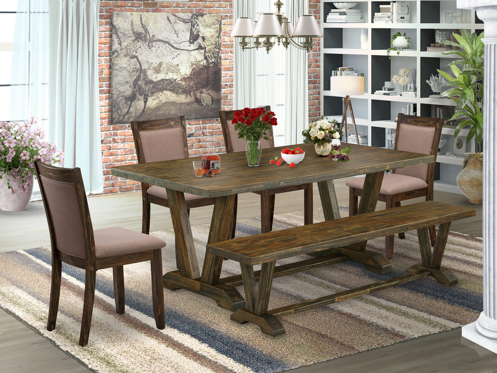 V777MFIS9-J 6-Piece Dining Set with V-Leg Table and 4 Linen Chairs plus Bench, Multi Hues