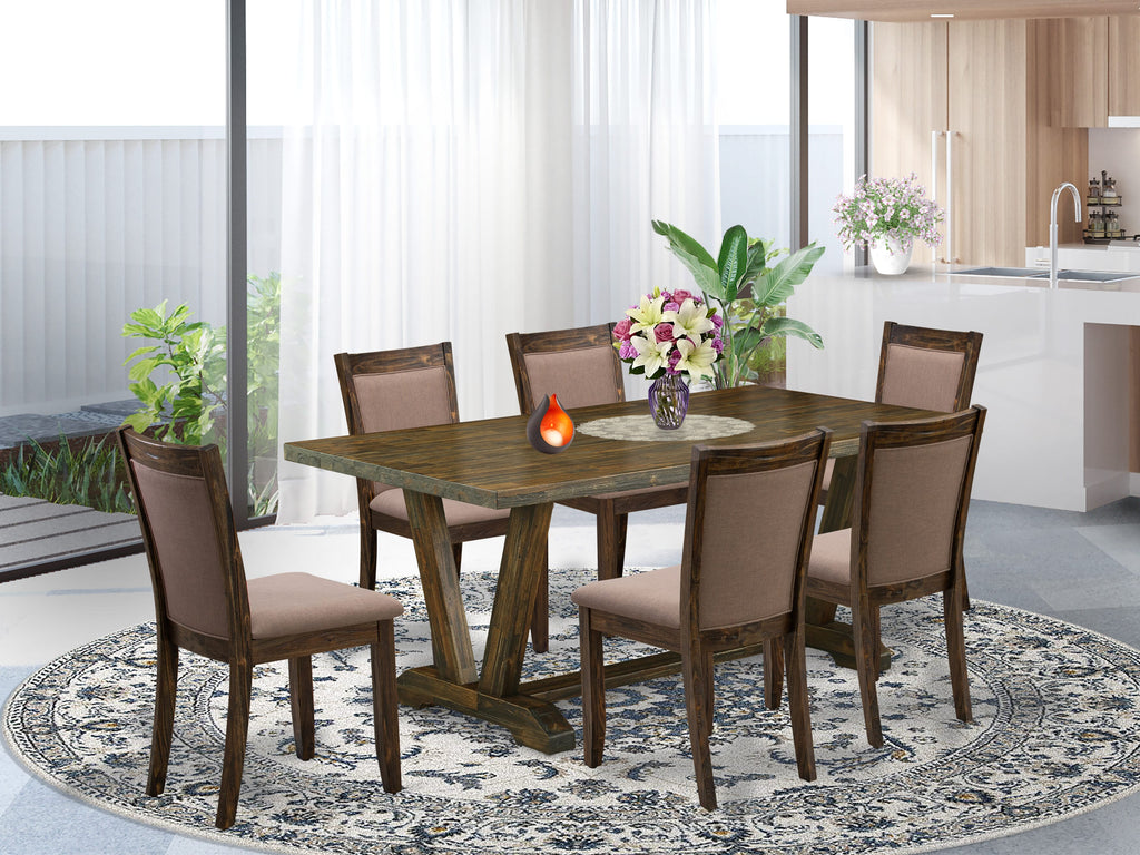 V777M3MHQ-M 7 Pc Dining Ensemble with Rectangle Table & 6 Upholstered Chairs in Coffee Linen