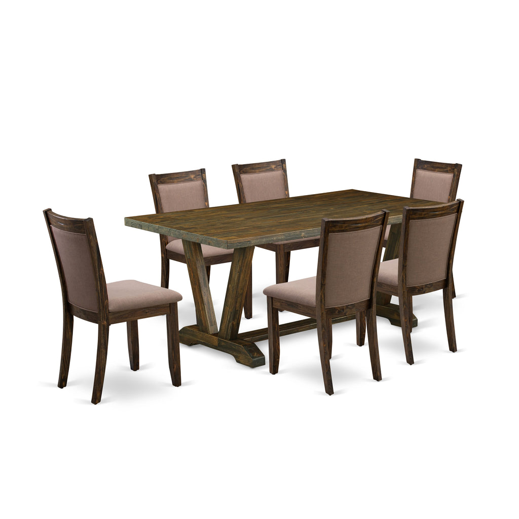 V777M3MHQ-M 7 Pc Dining Ensemble with Rectangle Table & 6 Upholstered Chairs in Coffee Linen