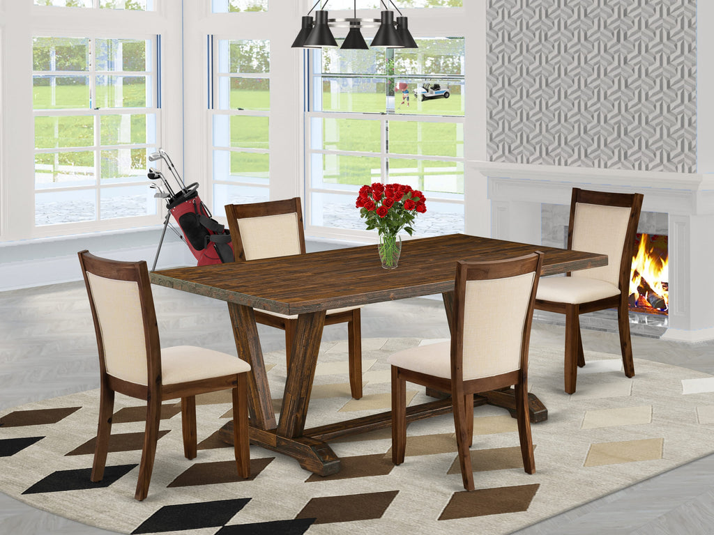 V777MZQPB-3 Dining Set 5-Piece Modern Table with V-Legs & Beige Linen Seats 40x72 Multi-Color Elegance