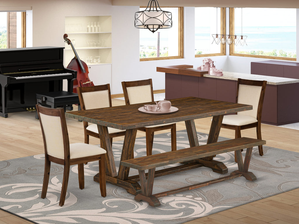 V777MJ6Y6-7 Elegant Dining Ensemble - Rectangle Table with V-Legs and 4 Linen Chairs plus Bench, Multi-Color, 40x72 Inch