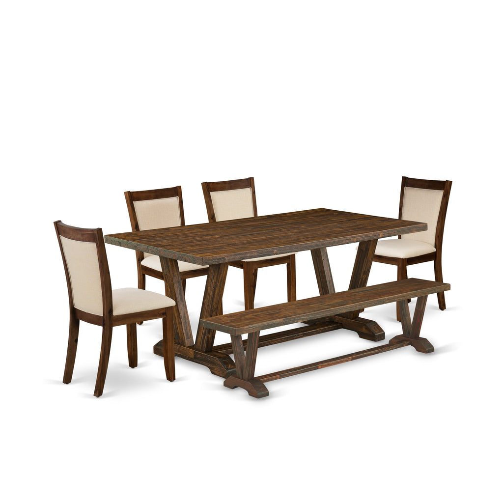 V777MJ6Y6-7 Elegant Dining Ensemble - Rectangle Table with V-Legs and 4 Linen Chairs plus Bench, Multi-Color, 40x72 Inch