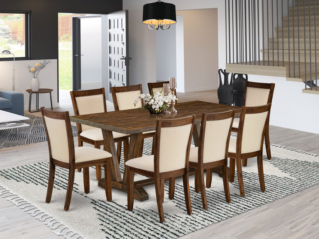 V777M9AAS-N 9-Piece Dining Ensemble Featuring V-Leg Table & 8 Beige Linen Upholstered Seats, Multi-Color