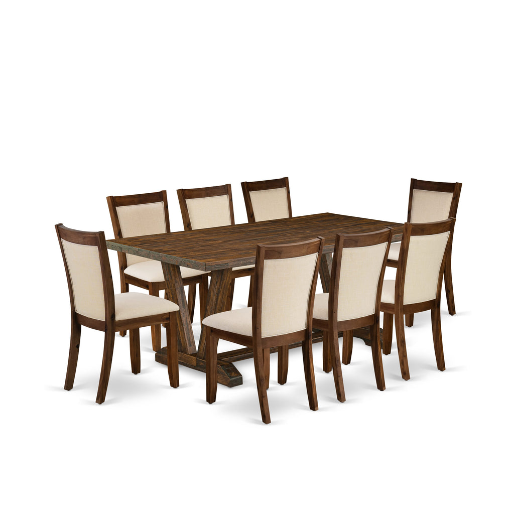 V777M9AAS-N 9-Piece Dining Ensemble Featuring V-Leg Table & 8 Beige Linen Upholstered Seats, Multi-Color