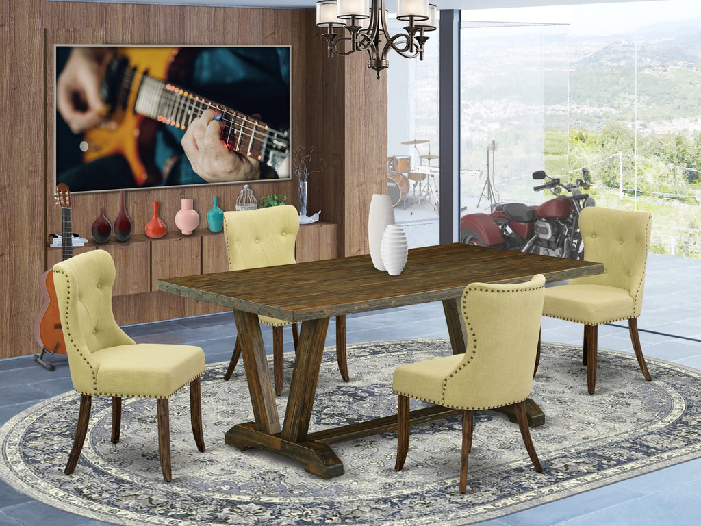 V777SBH9H-4 5-Piece Dining Set Featuring Rectangular Table with V-Legs & 4 Limelight Fabric Parson Chairs, 40x72, Multi-Color Ensemble