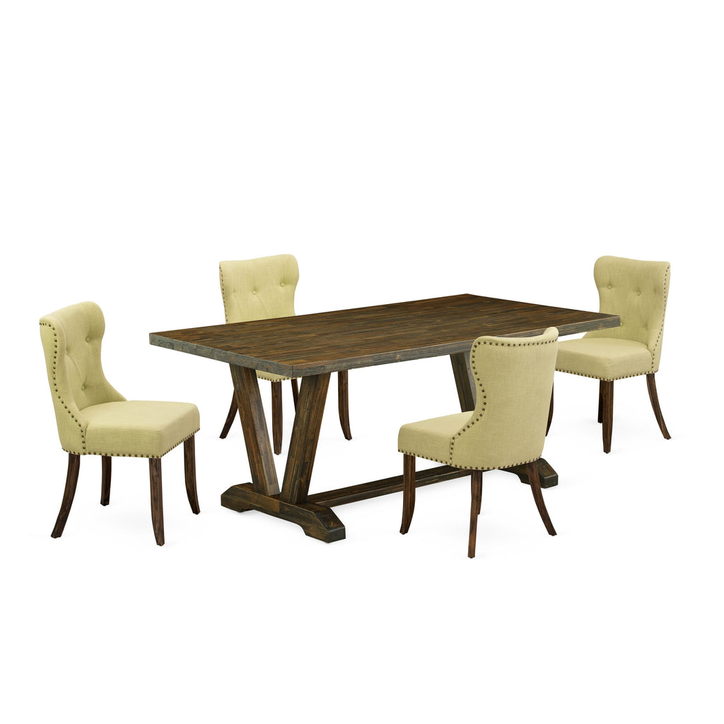 V777SBH9H-4 5-Piece Dining Set Featuring Rectangular Table with V-Legs & 4 Limelight Fabric Parson Chairs, 40x72, Multi-Color Ensemble