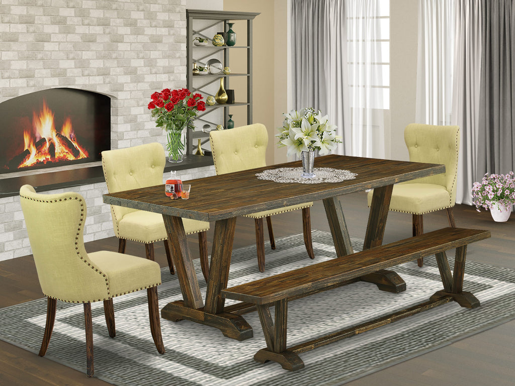 V777SQF3U-F 6-Piece Dining Set with Rectangle Table & V-Legs, Limelight Chairs & Bench, Multi-Toned