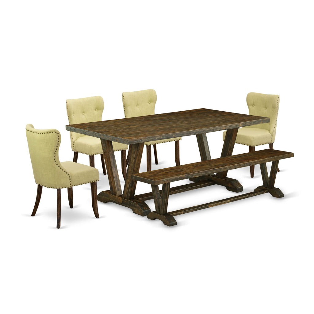 V777SQF3U-F 6-Piece Dining Set with Rectangle Table & V-Legs, Limelight Chairs & Bench, Multi-Toned