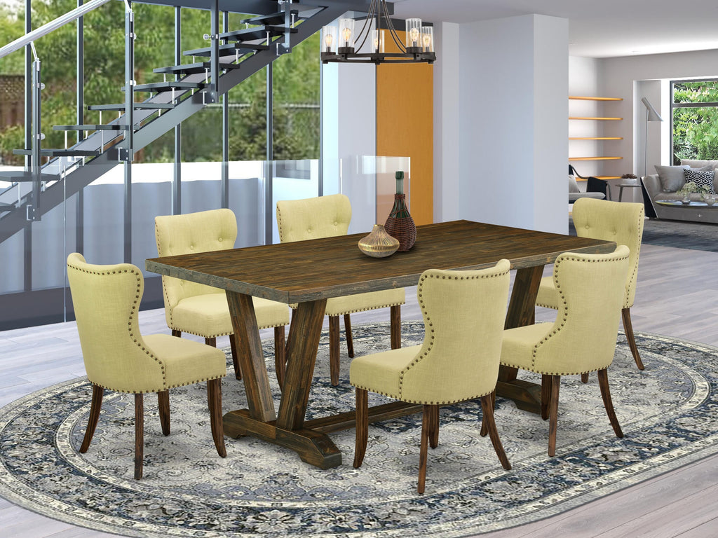 V777S379U-Q Stylish 7-Piece Dining Set with Rectangular Table and V-Legs, Plus 6 Lime Upholstered Seats, 40x72 inches Multicolor