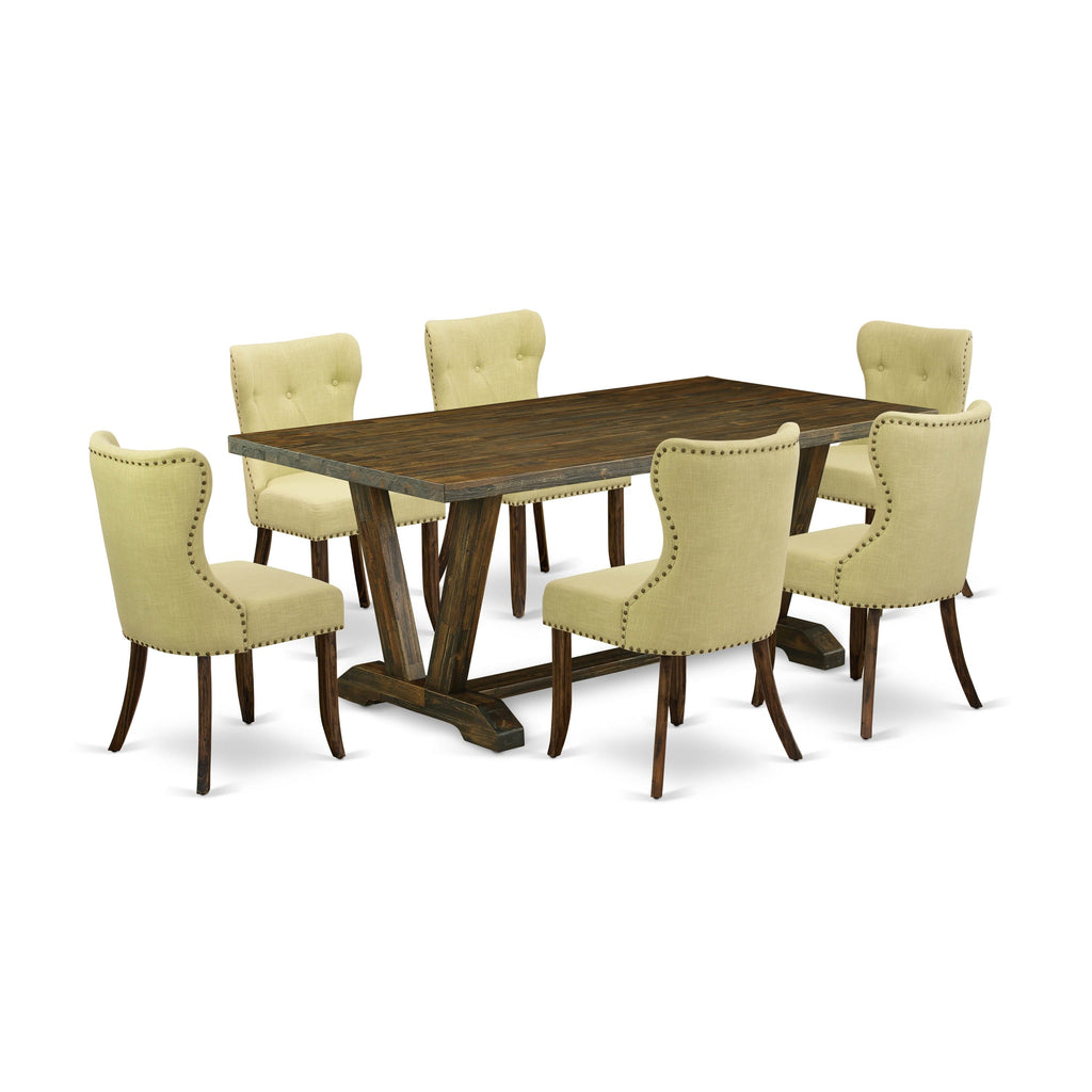 V777S379U-Q Stylish 7-Piece Dining Set with Rectangular Table and V-Legs, Plus 6 Lime Upholstered Seats, 40x72 inches Multicolor