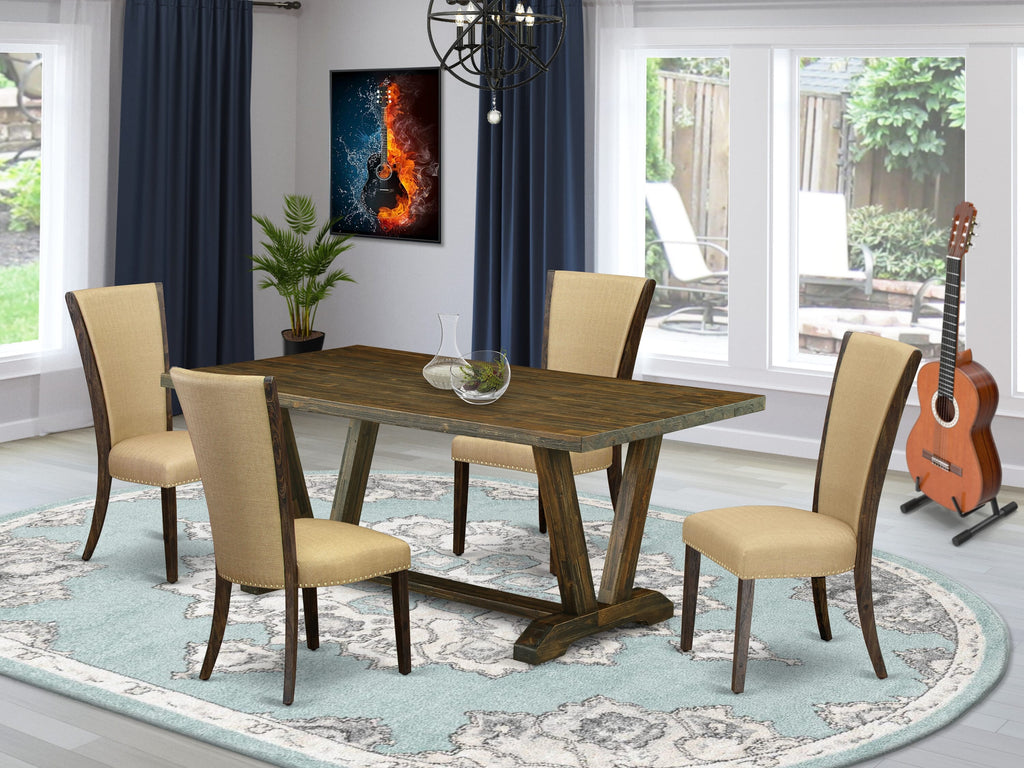 V777VUJ5K-F 5-Piece Dining Set Rectangular Table with V-Legs and 4 Upholstered Parson Chairs