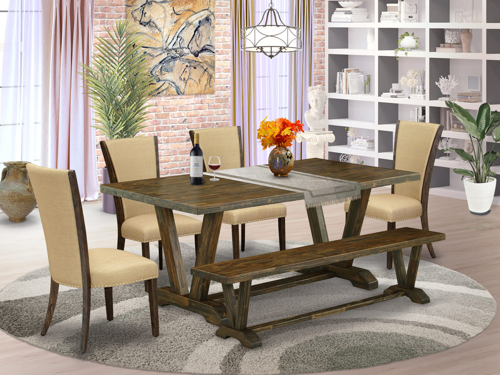 V777VQ6V8-8 Rectangular Dining Table Set with V-Legs, Bench, and 4 Brown Fabric Chairs, Multi-Color 40x72 Inch