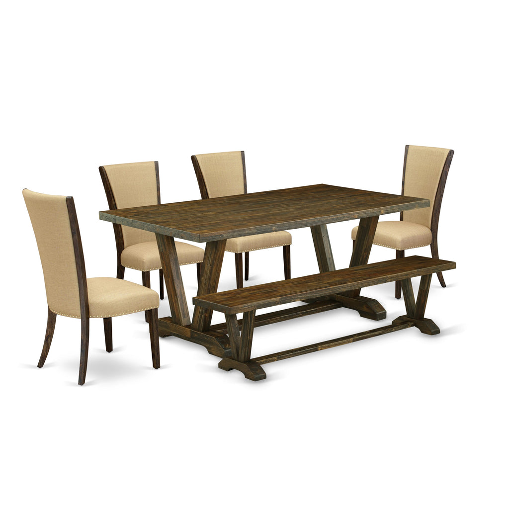 V777VQ6V8-8 Rectangular Dining Table Set with V-Legs, Bench, and 4 Brown Fabric Chairs, Multi-Color 40x72 Inch