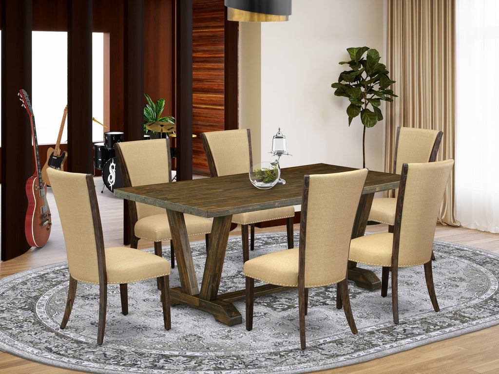 V777VJL30-H 7-Piece Dining Table Set with Unique V-Leg Design and Six Stylish Brown Chairs