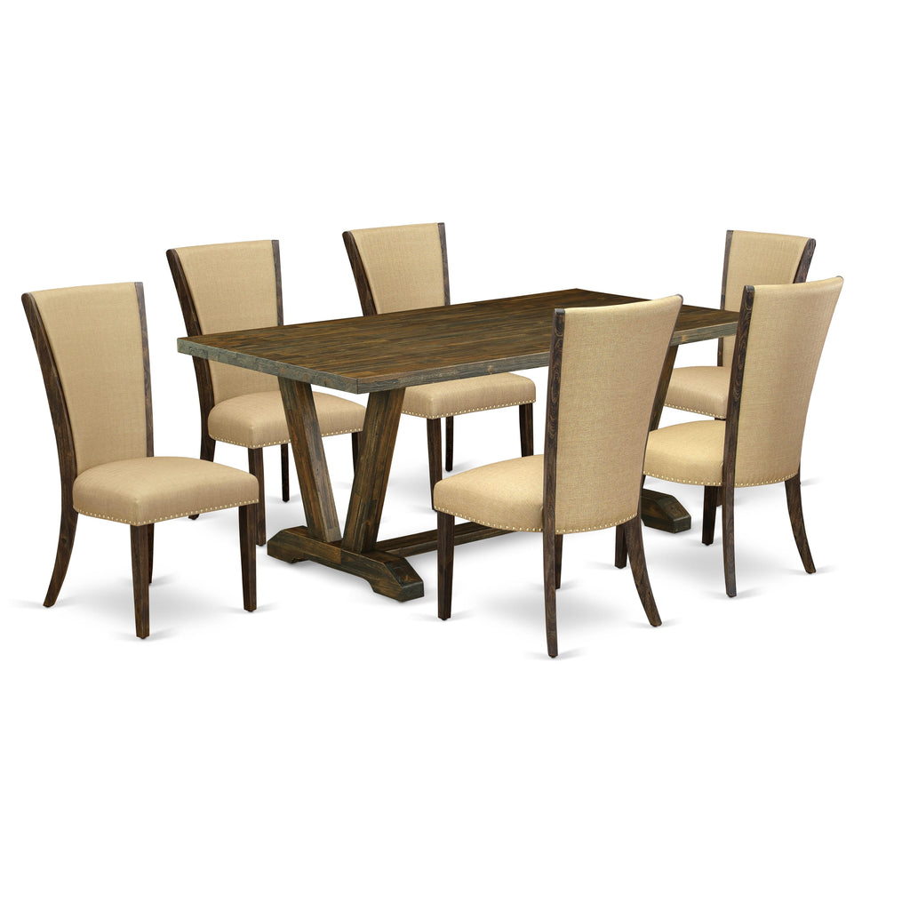 V777VJL30-H 7-Piece Dining Table Set with Unique V-Leg Design and Six Stylish Brown Chairs