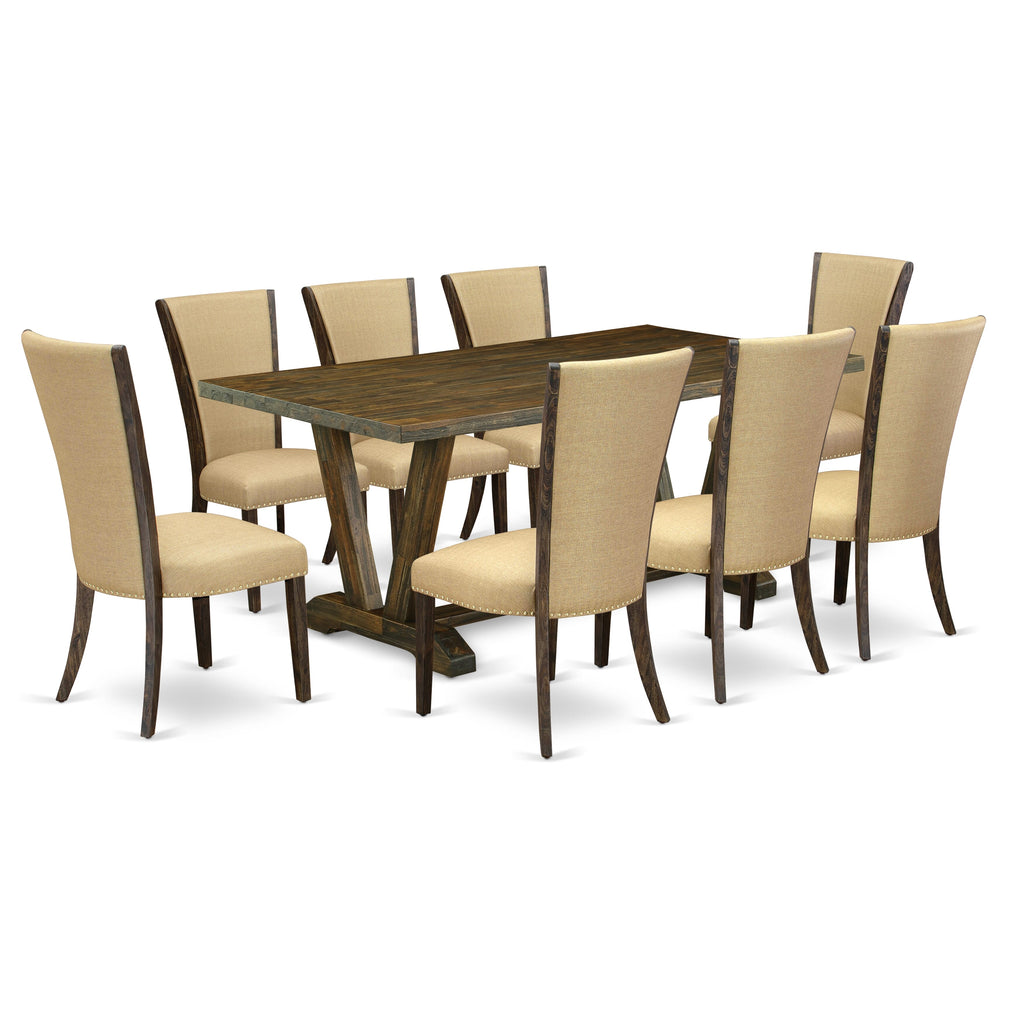 V777VHL5D-9 9-Piece Dining Room Set with V-Leg Table and Eight Upholstered Parson Chairs, Multi-Hue 40x72