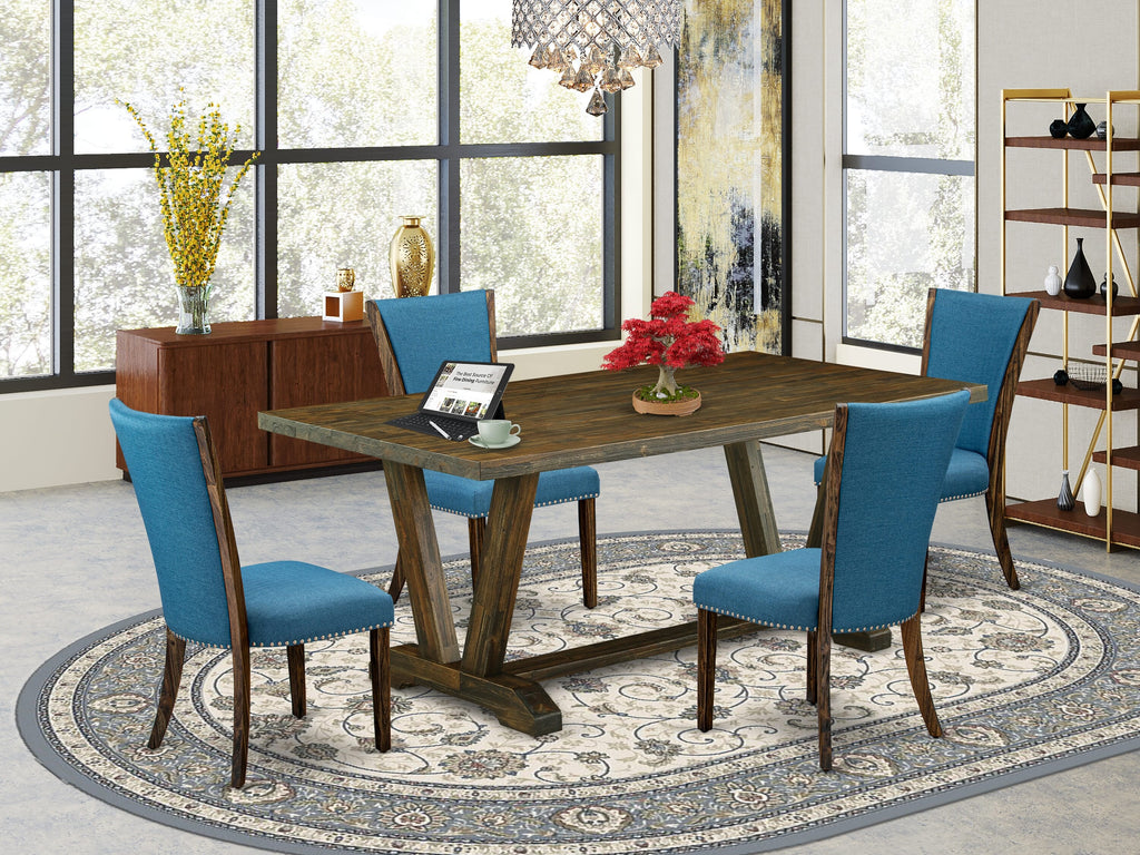 Discover V777VPNCI-4 Elegant 5-Piece Dining Set with Rectangle Table & 4 Blue Linen Parson Chairs