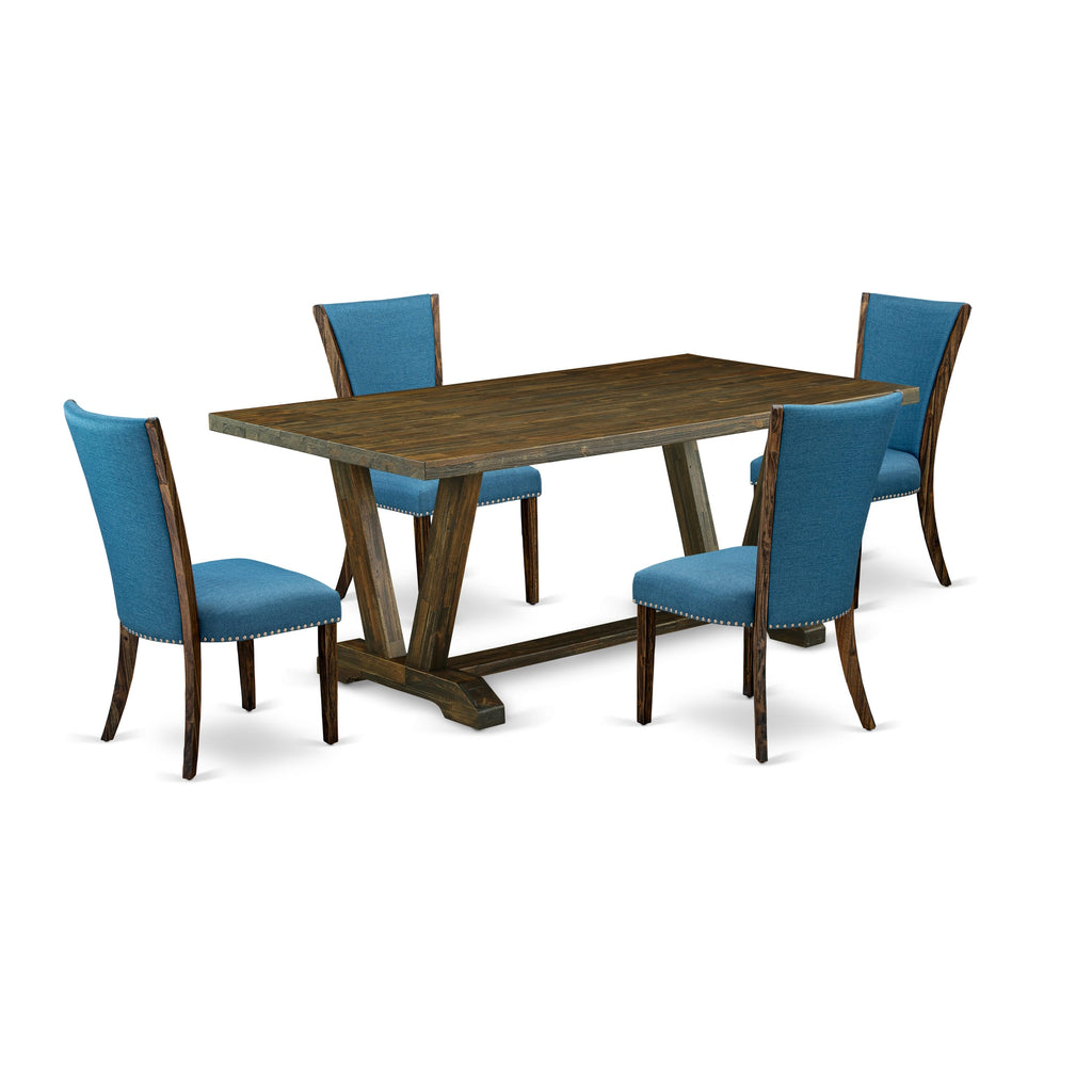 Discover V777VPNCI-4 Elegant 5-Piece Dining Set with Rectangle Table & 4 Blue Linen Parson Chairs