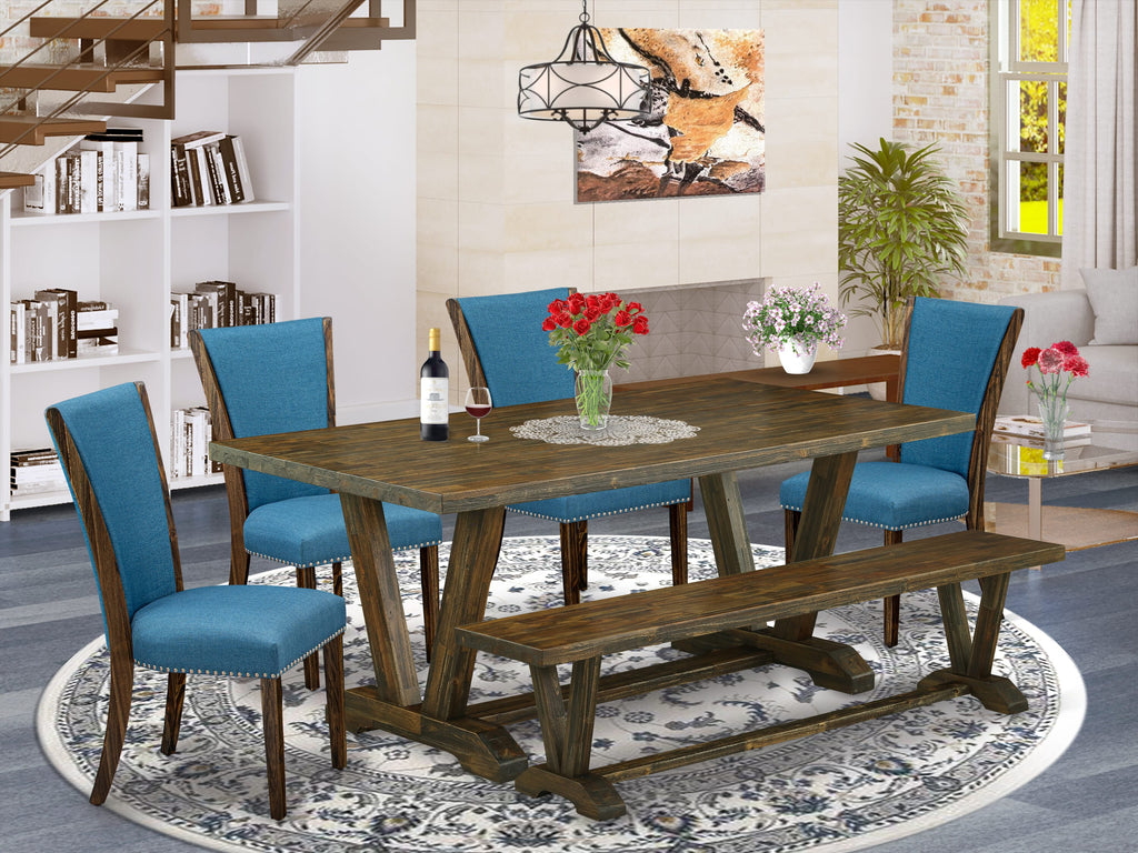 V777VUHJJ-U Dining Ensemble for a Modern Space with Blue Chairs and Bench, Multi-Colored Rectangular Table