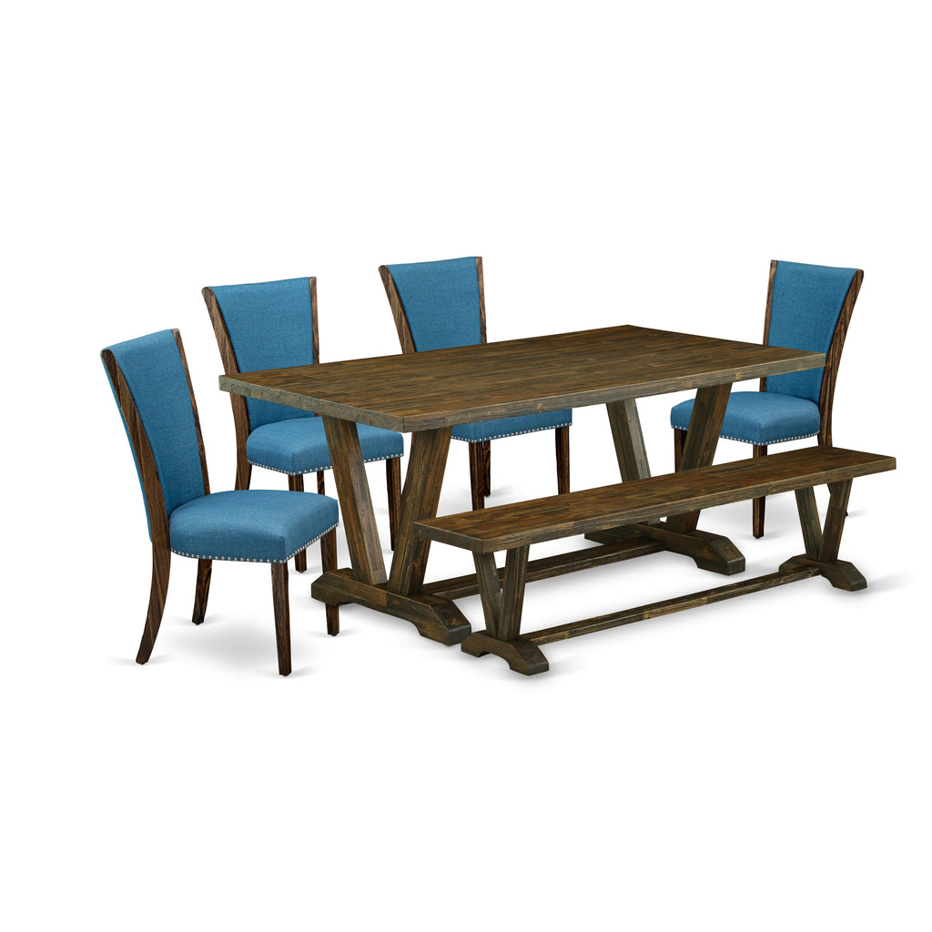 V777VUHJJ-U Dining Ensemble for a Modern Space with Blue Chairs and Bench, Multi-Colored Rectangular Table