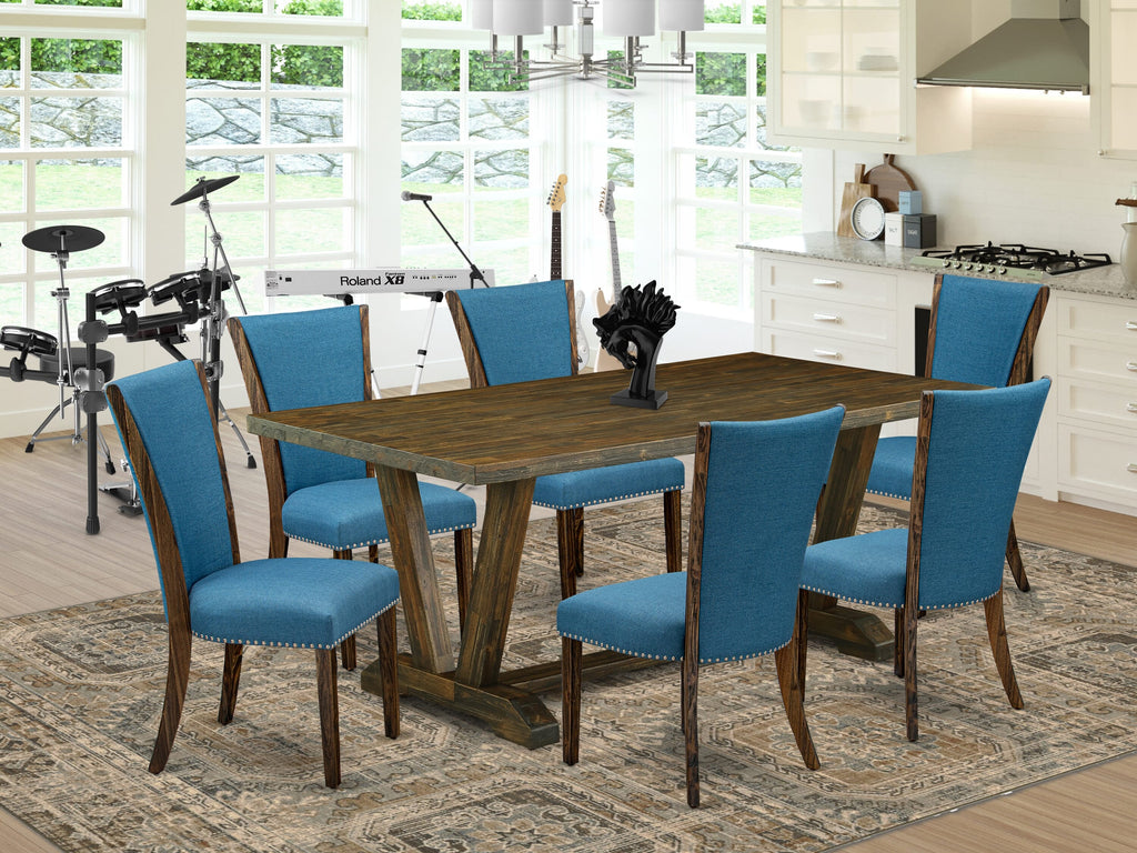 V777V7ZXS-0 7-Piece Dining Ensemble with V-Legged Table and Blue Linen Seats - 40x72 Multi Shaded Set