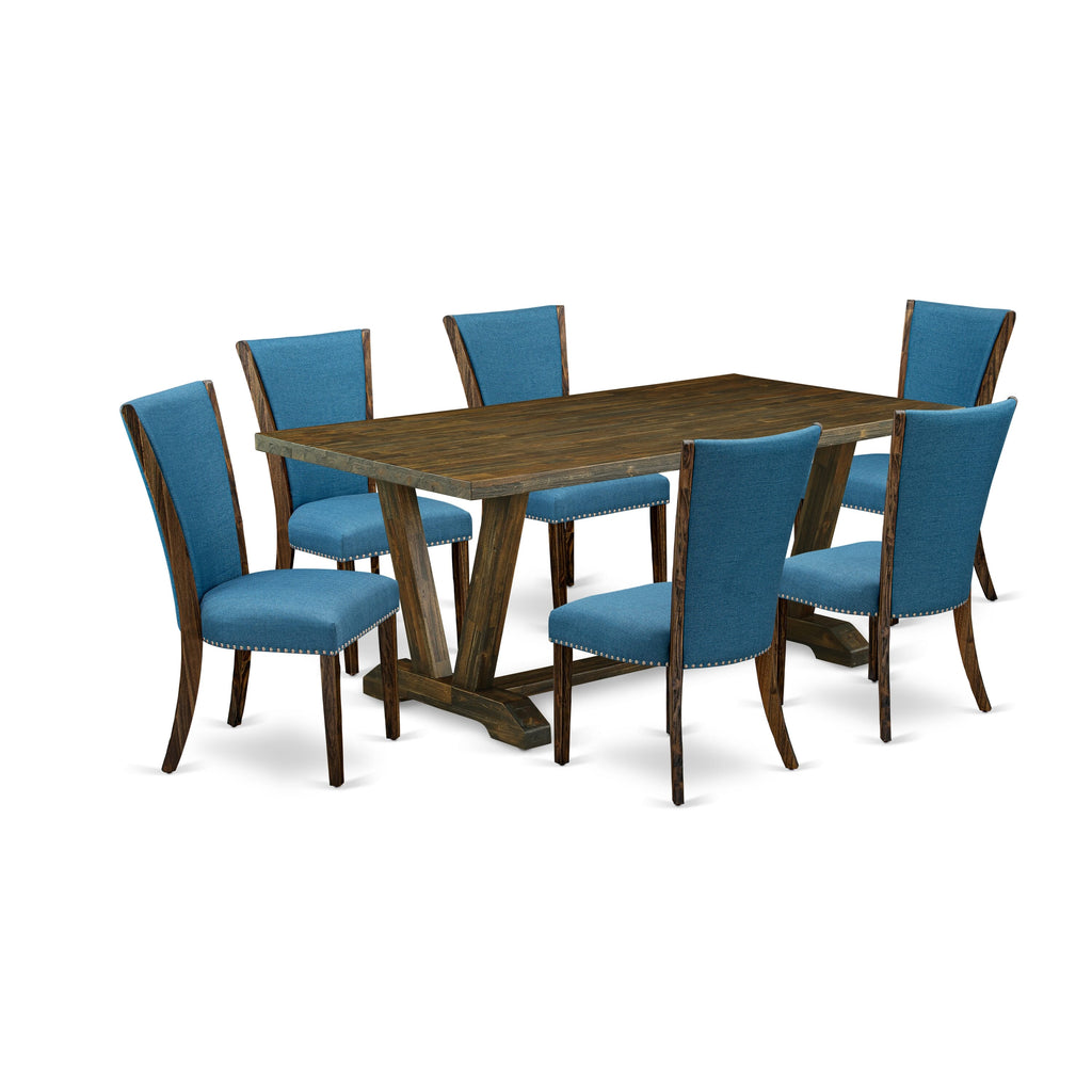 V777V7ZXS-0 7-Piece Dining Ensemble with V-Legged Table and Blue Linen Seats - 40x72 Multi Shaded Set
