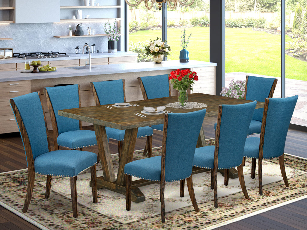 V777V5RKK-6 Chic 9-Piece Dining Ensemble Rectangular V-Legged Table & 8 Blue Linen Chairs, 40x72