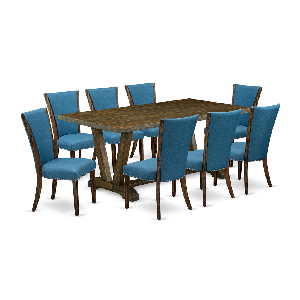 V777V5RKK-6 Chic 9-Piece Dining Ensemble Rectangular V-Legged Table & 8 Blue Linen Chairs, 40x72
