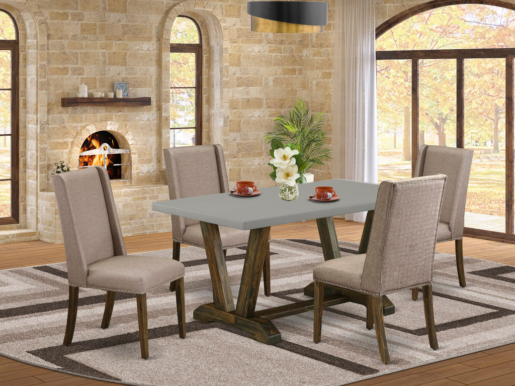 V796FJVUD-G 5-Piece Dining Ensemble with V-Leg Table & 4 Khaki Linen Chairs, 36x60 Inch, Mixed Colors