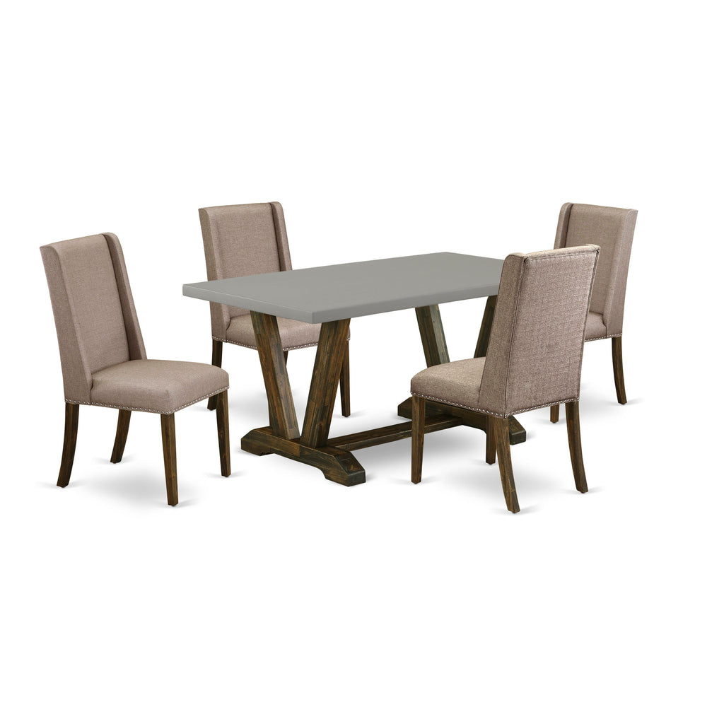 V796FJVUD-G 5-Piece Dining Ensemble with V-Leg Table & 4 Khaki Linen Chairs, 36x60 Inch, Mixed Colors