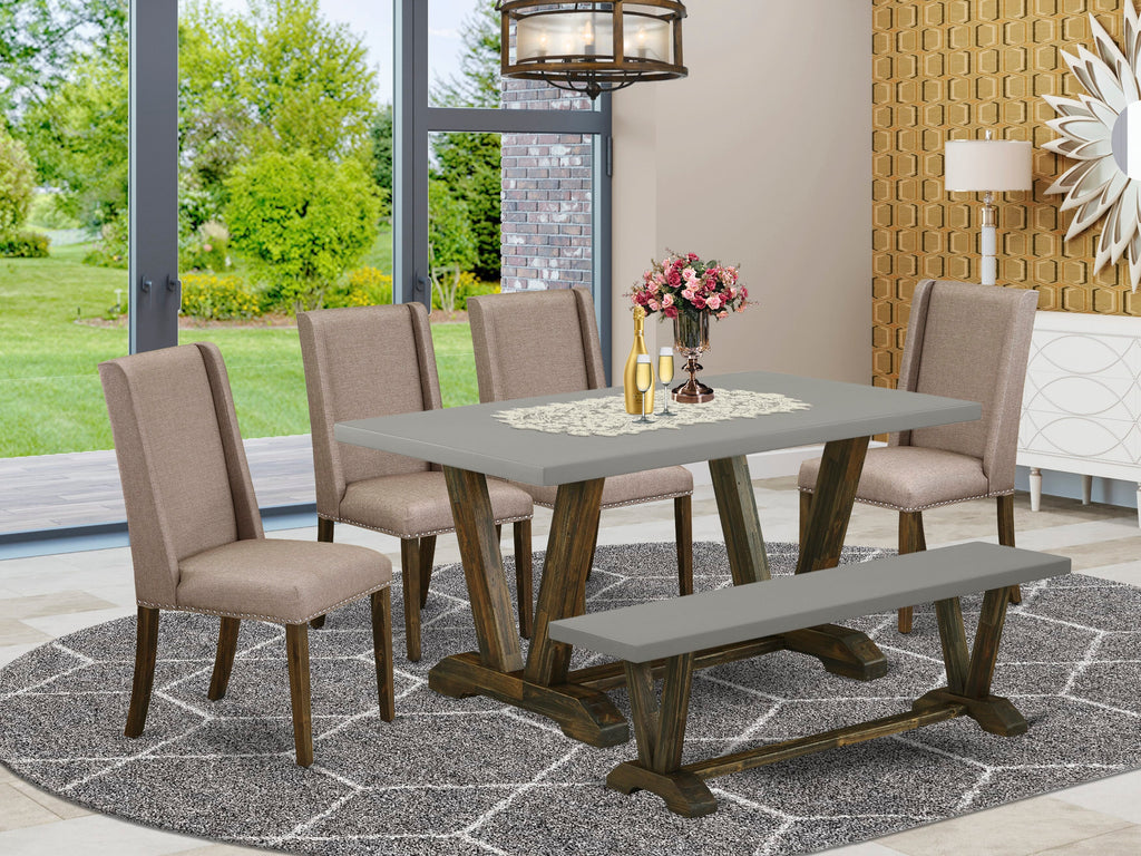 Innovative V796F0I8X-7 Dining Suite 6-Piece Set with Modern V-Leg Table, 4 Khaki Upholstered Chairs & Stylish Bench