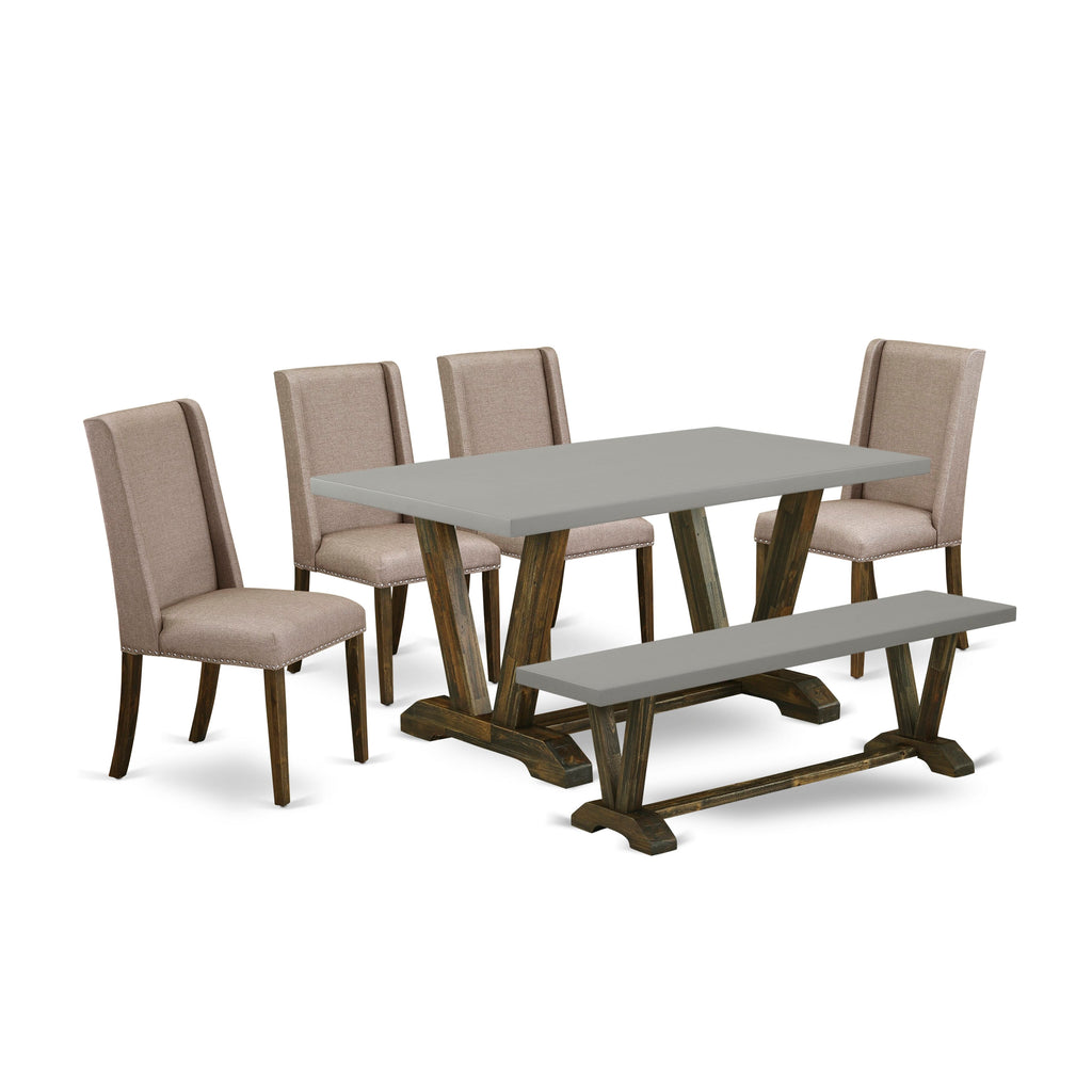 Innovative V796F0I8X-7 Dining Suite 6-Piece Set with Modern V-Leg Table, 4 Khaki Upholstered Chairs & Stylish Bench