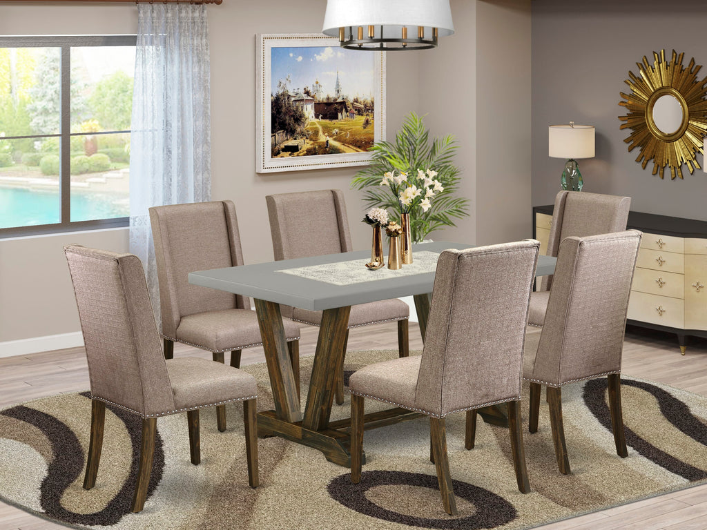 V796FTL3R-J 7-Piece Dining Ensemble Featuring V-Leg Rectangular Table & 6 Upholstered Chairs in Multi-Color