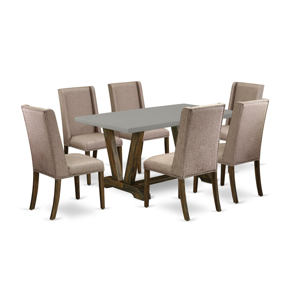 V796FTL3R-J 7-Piece Dining Ensemble Featuring V-Leg Rectangular Table & 6 Upholstered Chairs in Multi-Color