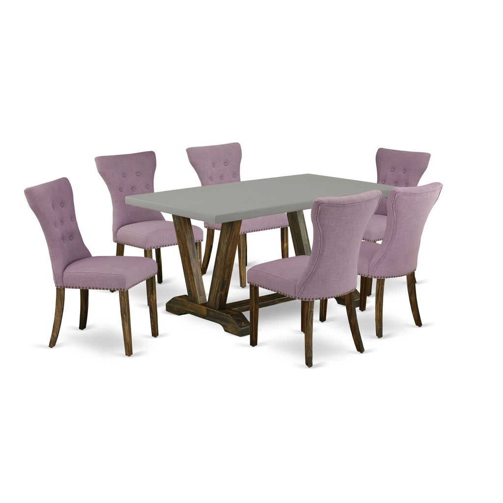 V796G17XF-X 7-Piece Modern Dining Set with V-Leg Wooden Table and Linen Upholstered Chairs, Colorful Finish