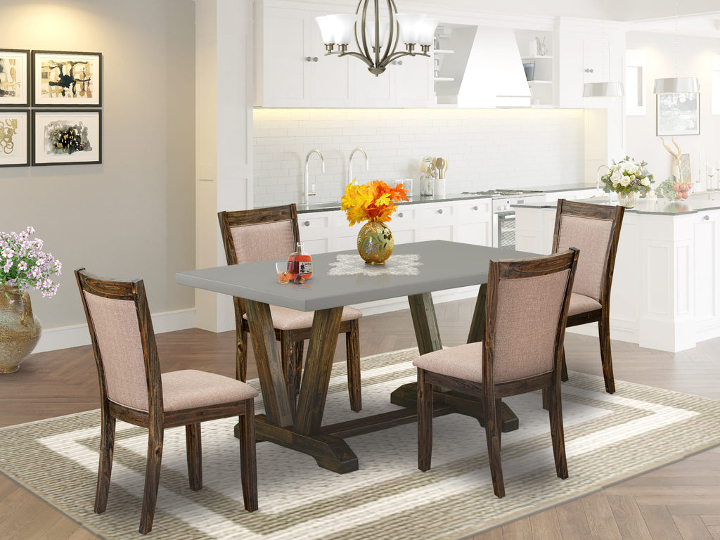 V796MCOTN-4 5 Piece Dining Set Rectangular Table with V-Shaped Legs and 4 Linen Fabric Khaki Chairs