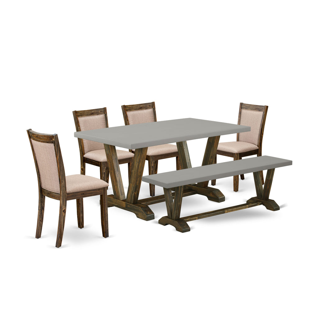 V796MYXED-X 6 Piece Rectangular Dining Set with V-Legs, Linen Chairs & Bench, 36x60 Multi-Color