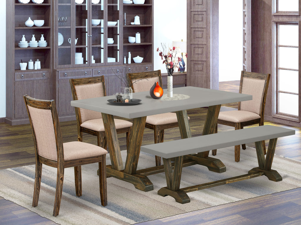 V796MYXED-X 6 Piece Rectangular Dining Set with V-Legs, Linen Chairs & Bench, 36x60 Multi-Color