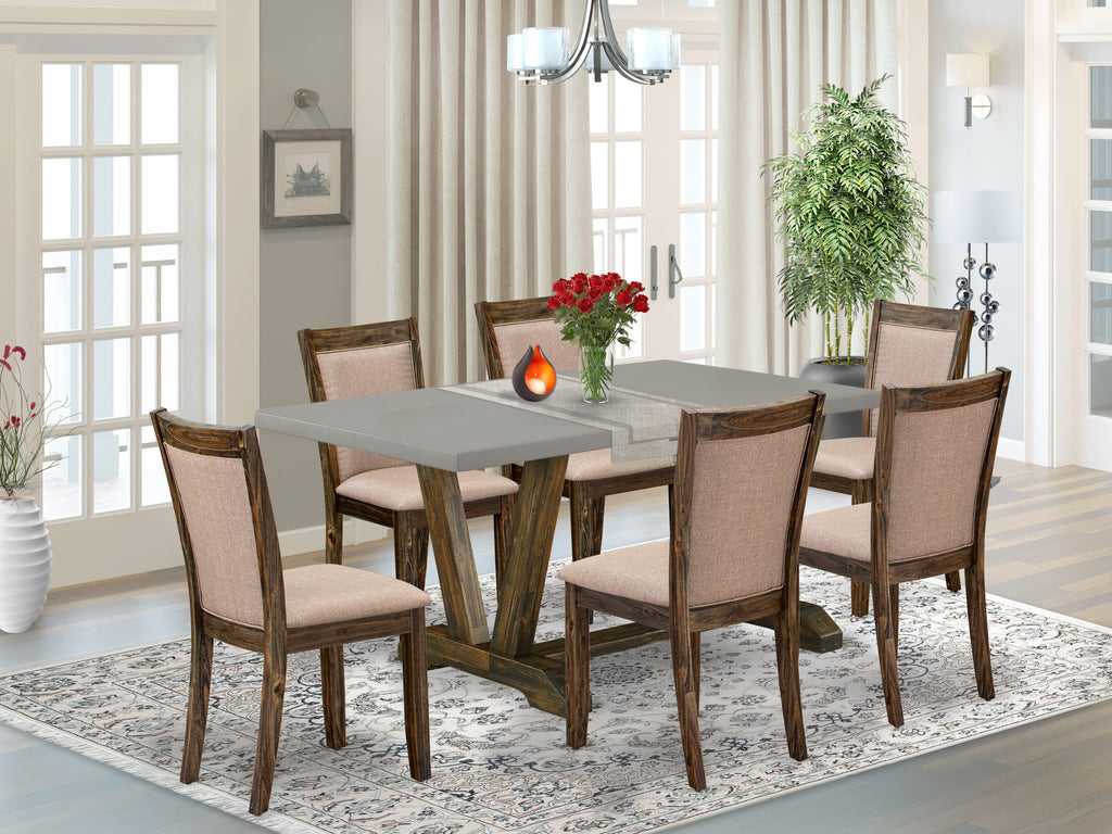 V796MDPVF-O Contemporary Dining Ensemble 7 Piece Set with Chic V-Leg Table & Parsons Chairs in Elegant Khaki Textile, 36x60