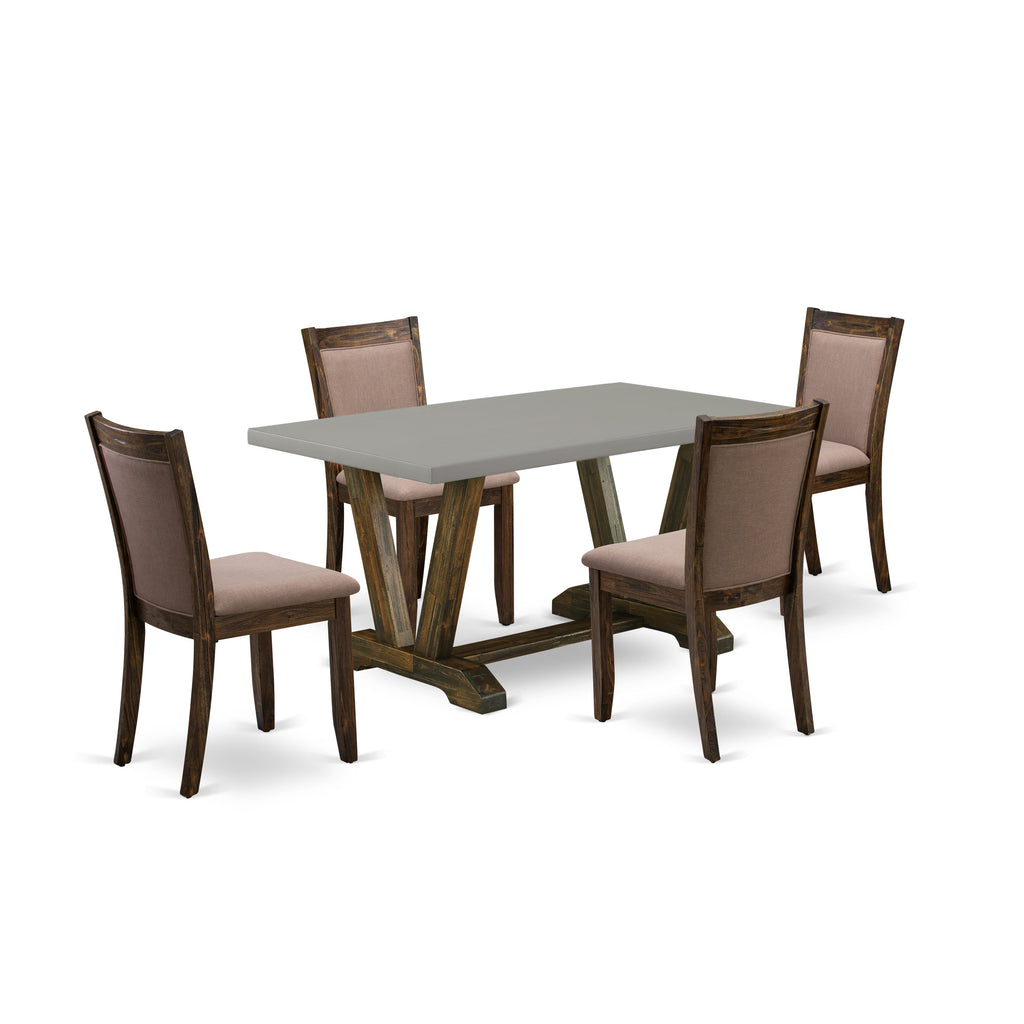 V796MDW0A-1 5-Piece Dining Ensemble - Rectangle Table with V-Style Legs & 4 Upholstered Coffee Linen Seats for Kitchen, 36x60 inch, Multicolor