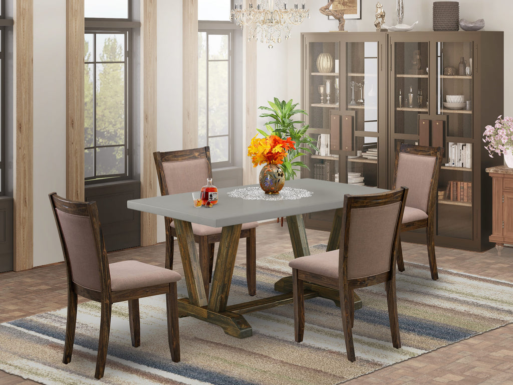 V796MDW0A-1 5-Piece Dining Ensemble - Rectangle Table with V-Style Legs & 4 Upholstered Coffee Linen Seats for Kitchen, 36x60 inch, Multicolor