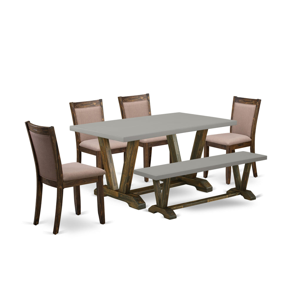 6-Piece V796M0MZ2-9 Dining Set Table with V-Legs, 4 Linen Chairs & Bench, Multi-Color 36x60